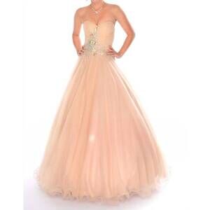 NEW PRECIOUS FORMALS sweetheart strapless beaded ballgown in nude